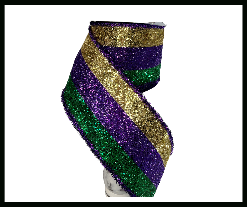 4"x10yd Mardi Gras 3-In-1 Large Glitter Tinsel Wired Ribbon – Purple, Green, Gold | TCT Crafts I RG8986AP Craig Bachman
