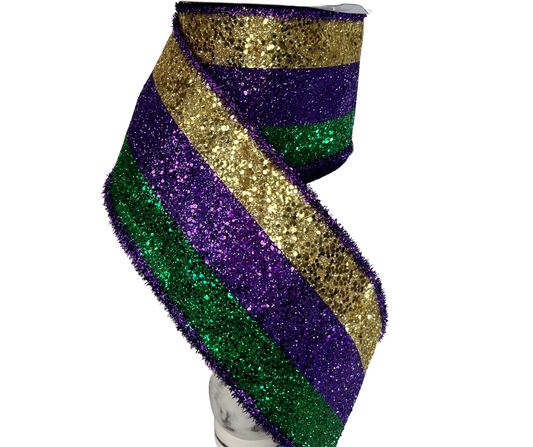 4"x10yd Mardi Gras 3-In-1 Large Glitter Tinsel Wired Ribbon – Purple, Green, Gold | TCT Crafts I RG8986AP Craig Bachman