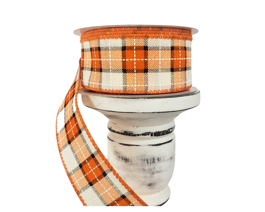 1.5"x10YD Fall Plaid Wired Ribbon - Cream/Orange/Black - Rustic Charm for Autumn Crafts and Decor-(51013-09-18) TCT Crafts