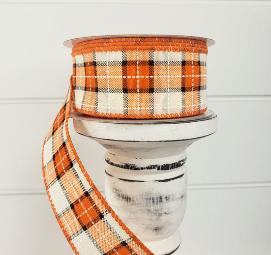 1.5"x10YD Fall Plaid Wired Ribbon - Cream/Orange/Black - Rustic Charm for Autumn Crafts and Decor-(51013-09-18) TCT Crafts