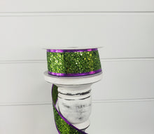 Load image into Gallery viewer, 1.5&quot;x10YD Halloween Glitter Lime Green Wired Ribbon - Purple Edge - Spooktacular Sparkle for Crafts and Decor (55108-09-09)