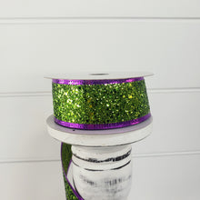 Load image into Gallery viewer, 1.5&quot;x10YD Halloween Glitter Lime Green Wired Ribbon - Purple Edge - Spooktacular Sparkle for Crafts and Decor (55108-09-09)