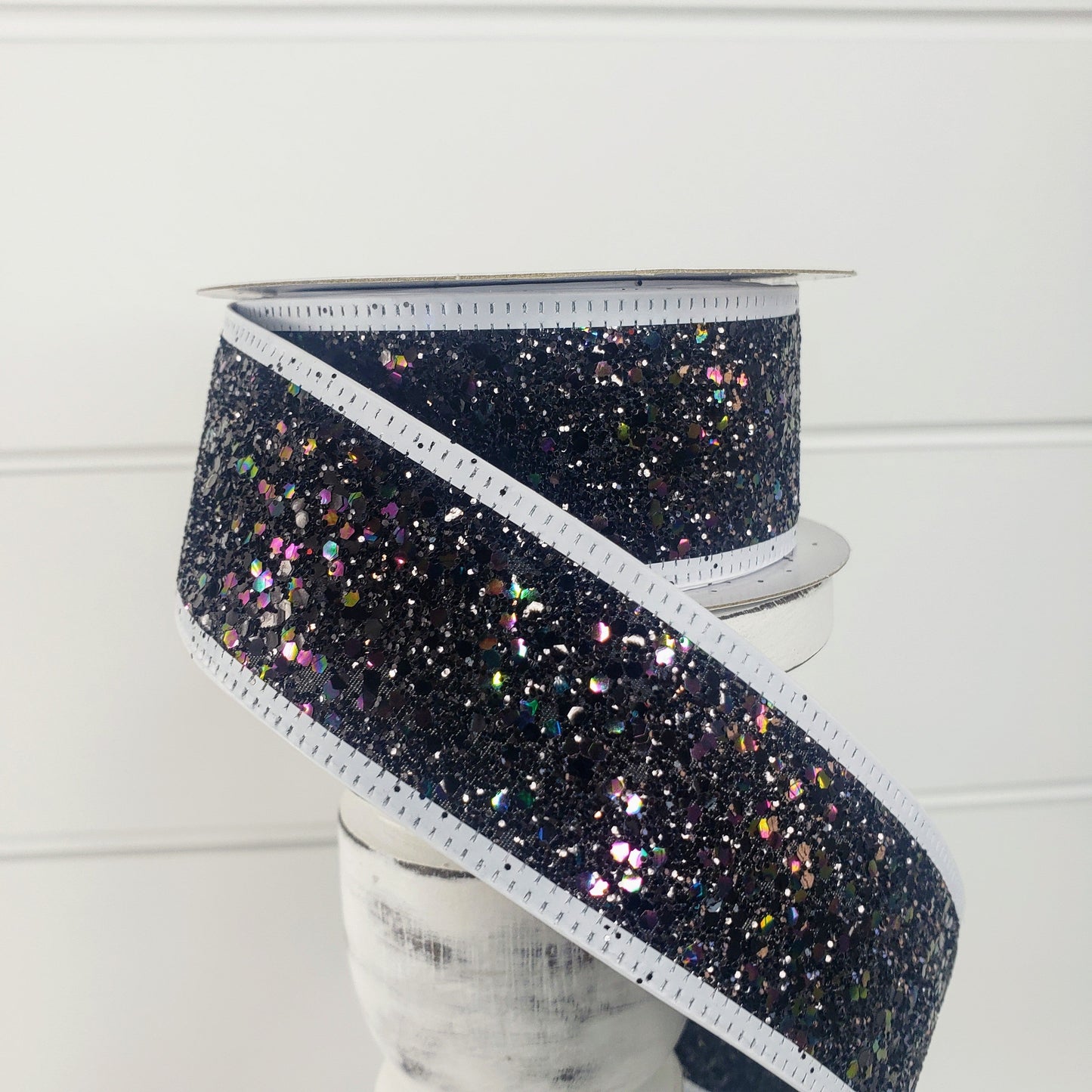 1.5"x10YD Black Glittered Wired Ribbon with White Edge - Sparkling Elegance for Crafts, Wreathmaking, and Decor-(55108-09-20) TCT Crafts