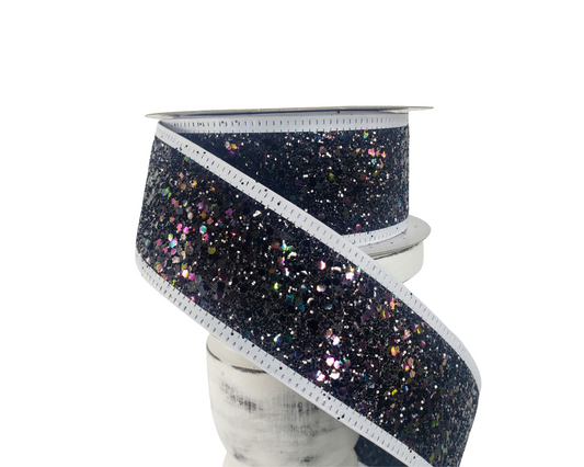 1.5"x10YD Black Glittered Wired Ribbon with White Edge - Sparkling Elegance for Crafts, Wreathmaking, and Decor-(55108-09-20) TCT Crafts