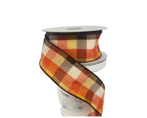 1.5"x10YD Fall Plaid Wired Ribbon - Cream/Orange/Yellow/Brown - Rustic Charm for Autumn Crafts and Decor(61016-09-38)