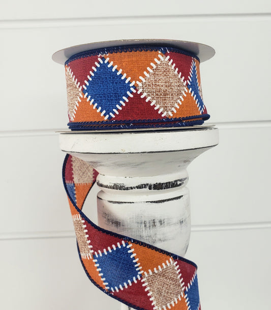 1.5"x10YD Fall Stitch Chex Wired Ribbon - Burgundy/Blue/Orange/Natural - Cozy and Colorful Accent for Autumn Crafts and Decor-(61101-09-25) TCT Crafts