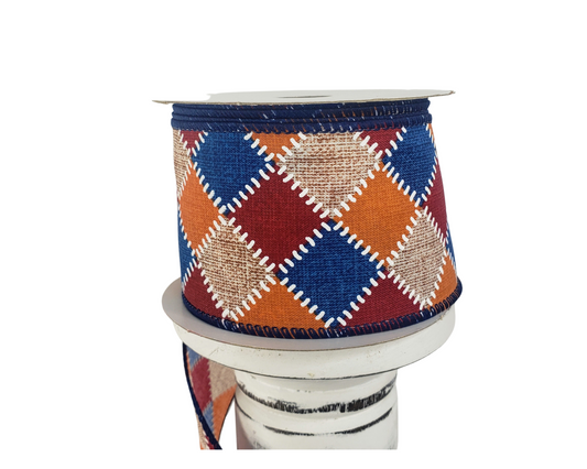 2.5"x10YD Fall Stitch Check Wired Ribbon - Burgundy/Blue/Orange/Natural - Rustic Charm for Autumn Crafts and Decor-(61101-40-25) TCT Crafts