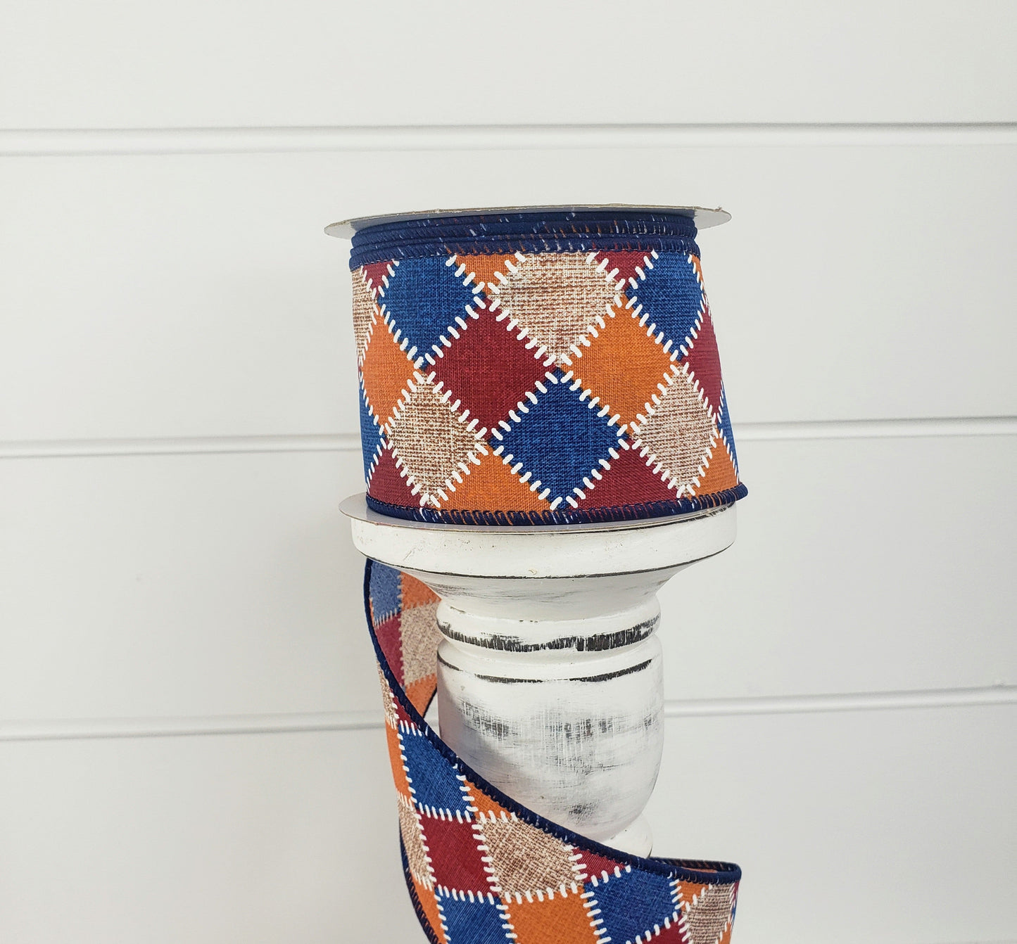 2.5"x10YD Fall Stitch Check Wired Ribbon - Burgundy/Blue/Orange/Natural - Rustic Charm for Autumn Crafts and Decor-(61101-40-25) TCT Crafts