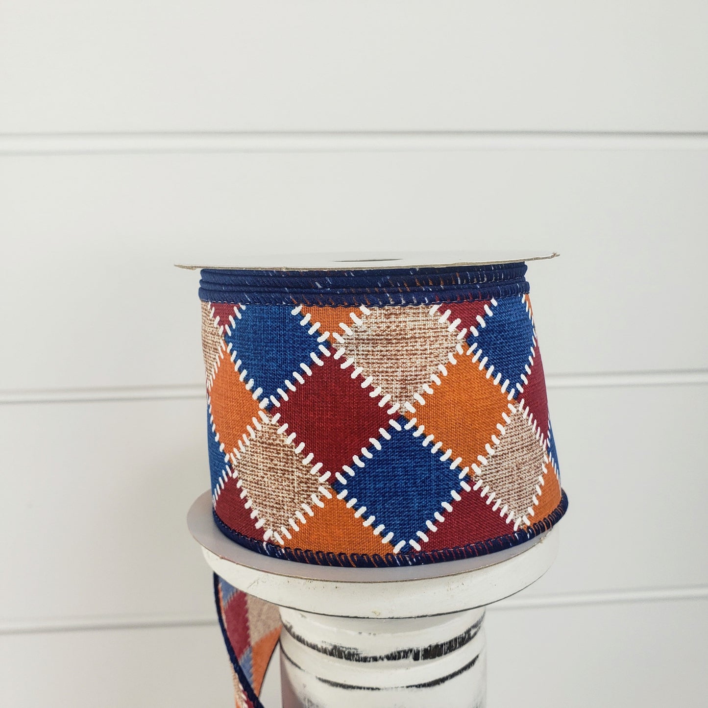 2.5"x10YD Fall Stitch Check Wired Ribbon - Burgundy/Blue/Orange/Natural - Rustic Charm for Autumn Crafts and Decor-(61101-40-25) TCT Crafts