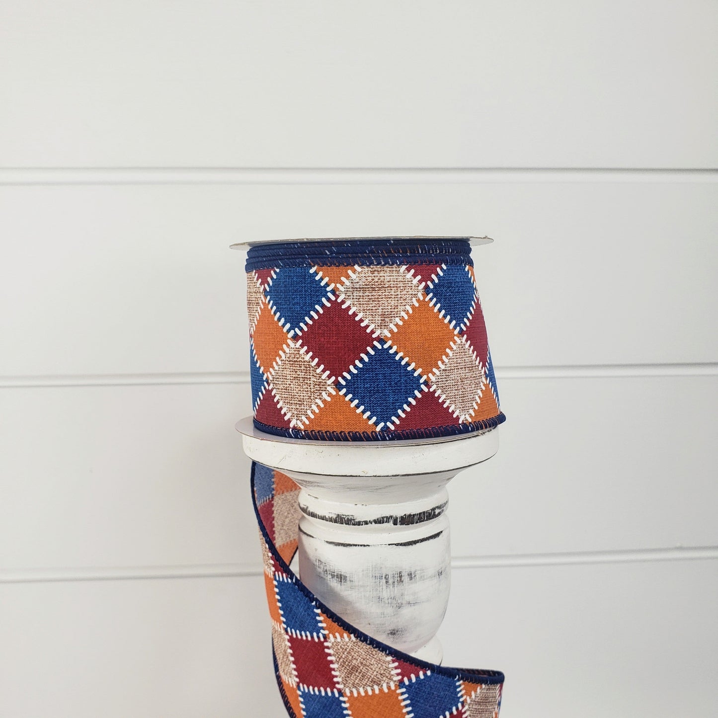 2.5"x10YD Fall Stitch Check Wired Ribbon - Burgundy/Blue/Orange/Natural - Rustic Charm for Autumn Crafts and Decor-(61101-40-25) TCT Crafts