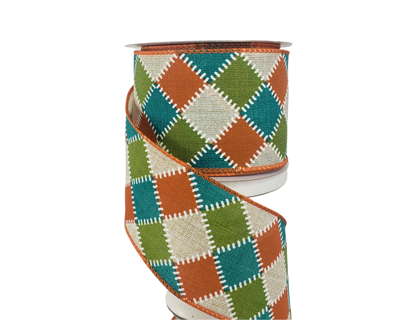 2.5"x10YD Fall Stitch Check Wired Ribbon - Teal/Moss/Orange/Natural - Rustic Charm for Autumn Crafts and Decor-(61101-40-33) TCT Crafts
