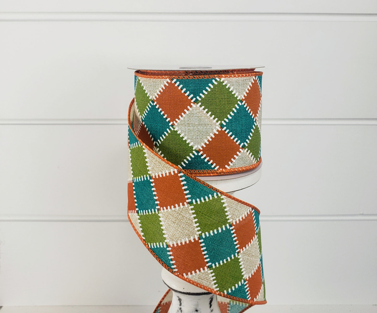 2.5"x10YD Fall Stitch Check Wired Ribbon - Teal/Moss/Orange/Natural - Rustic Charm for Autumn Crafts and Decor-(61101-40-33) TCT Crafts