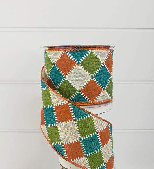 2.5"x10YD Fall Stitch Check Wired Ribbon - Teal/Moss/Orange/Natural - Rustic Charm for Autumn Crafts and Decor-(61101-40-33) TCT Crafts