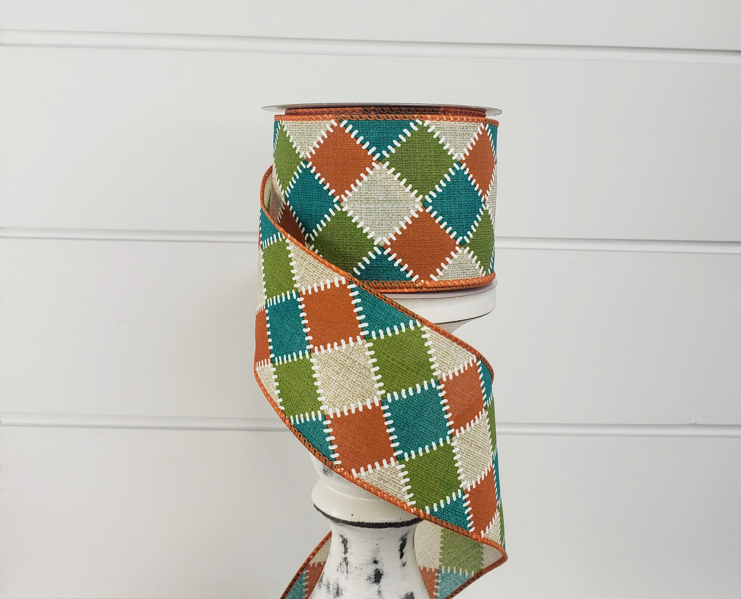 2.5"x10YD Fall Stitch Check Wired Ribbon - Teal/Moss/Orange/Natural - Rustic Charm for Autumn Crafts and Decor-(61101-40-33) TCT Crafts