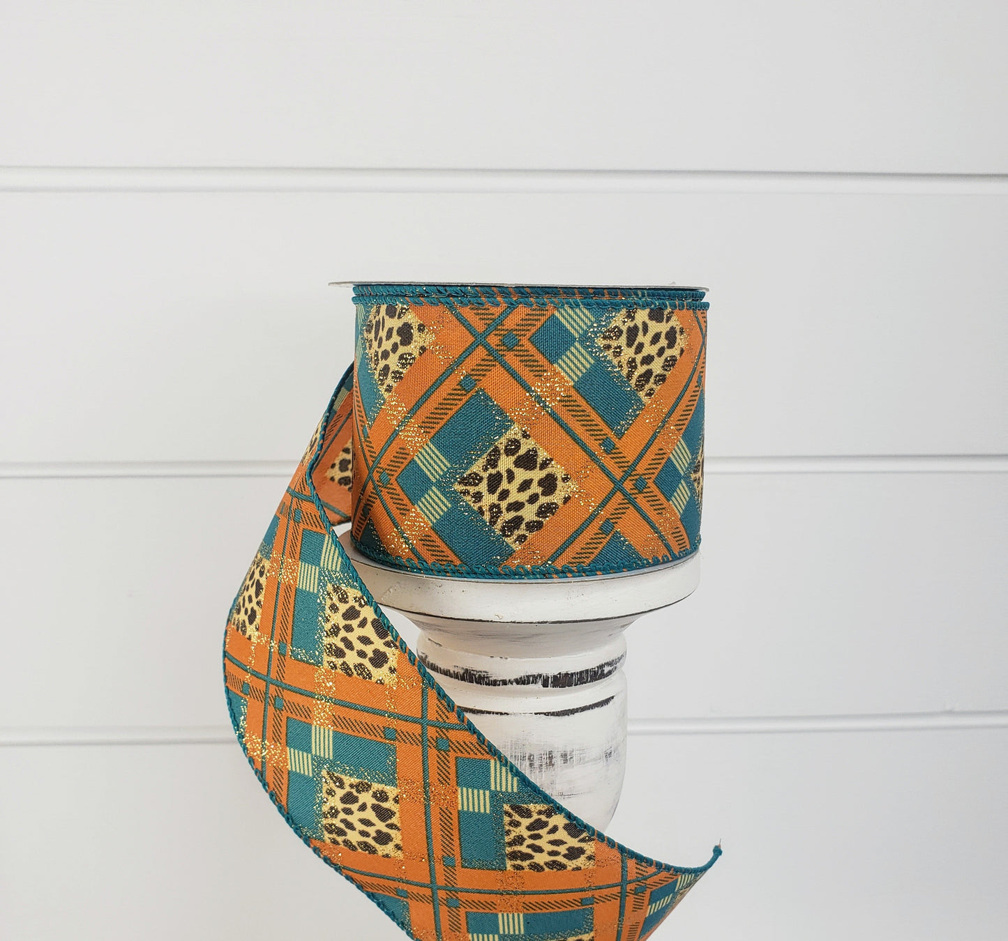 2.5inx10yd Satin Cheetah Print Plaid Fall Ribbon-Teal/Orange(61118-40-39) Jascotina