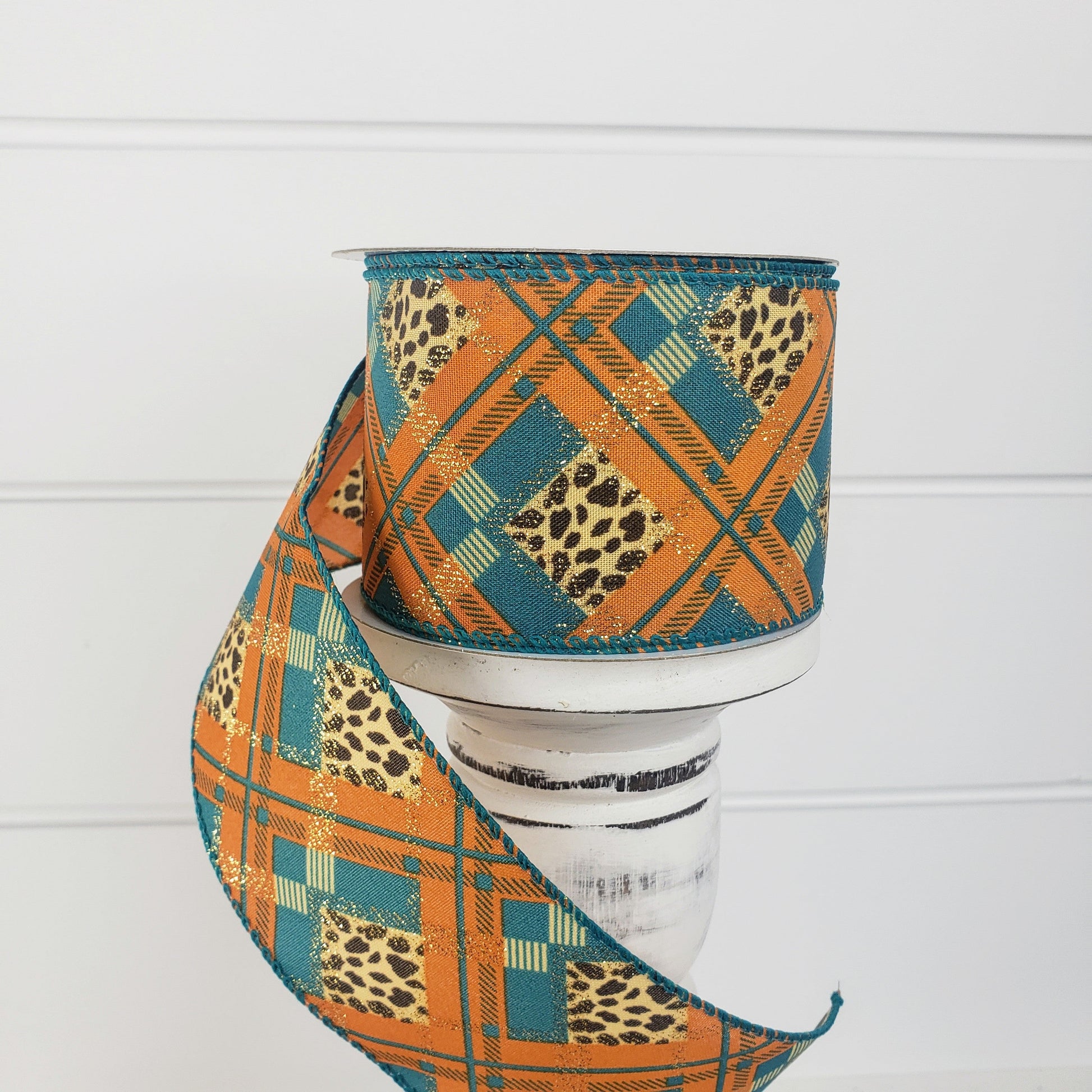 2.5inx10yd Satin Cheetah Print Plaid Fall Ribbon-Teal/Orange(61118-40-39) Jascotina