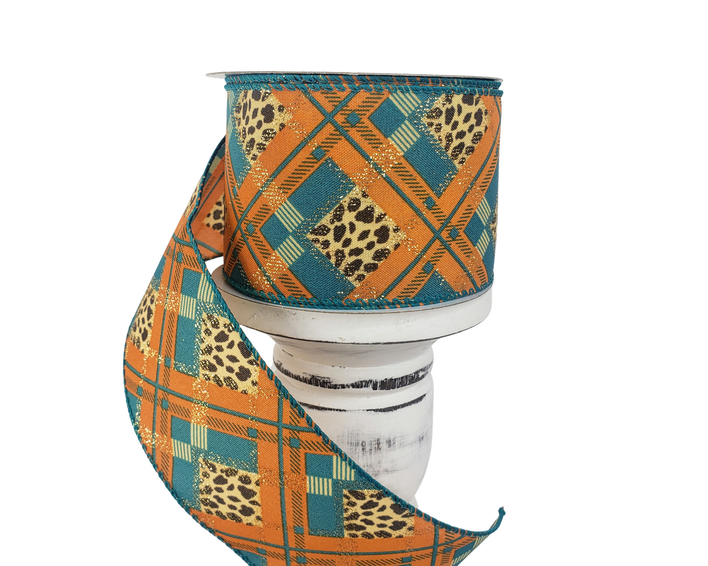 2.5inx10yd Satin Cheetah Print Plaid Fall Ribbon-Teal/Orange(61118-40-39) Jascotina