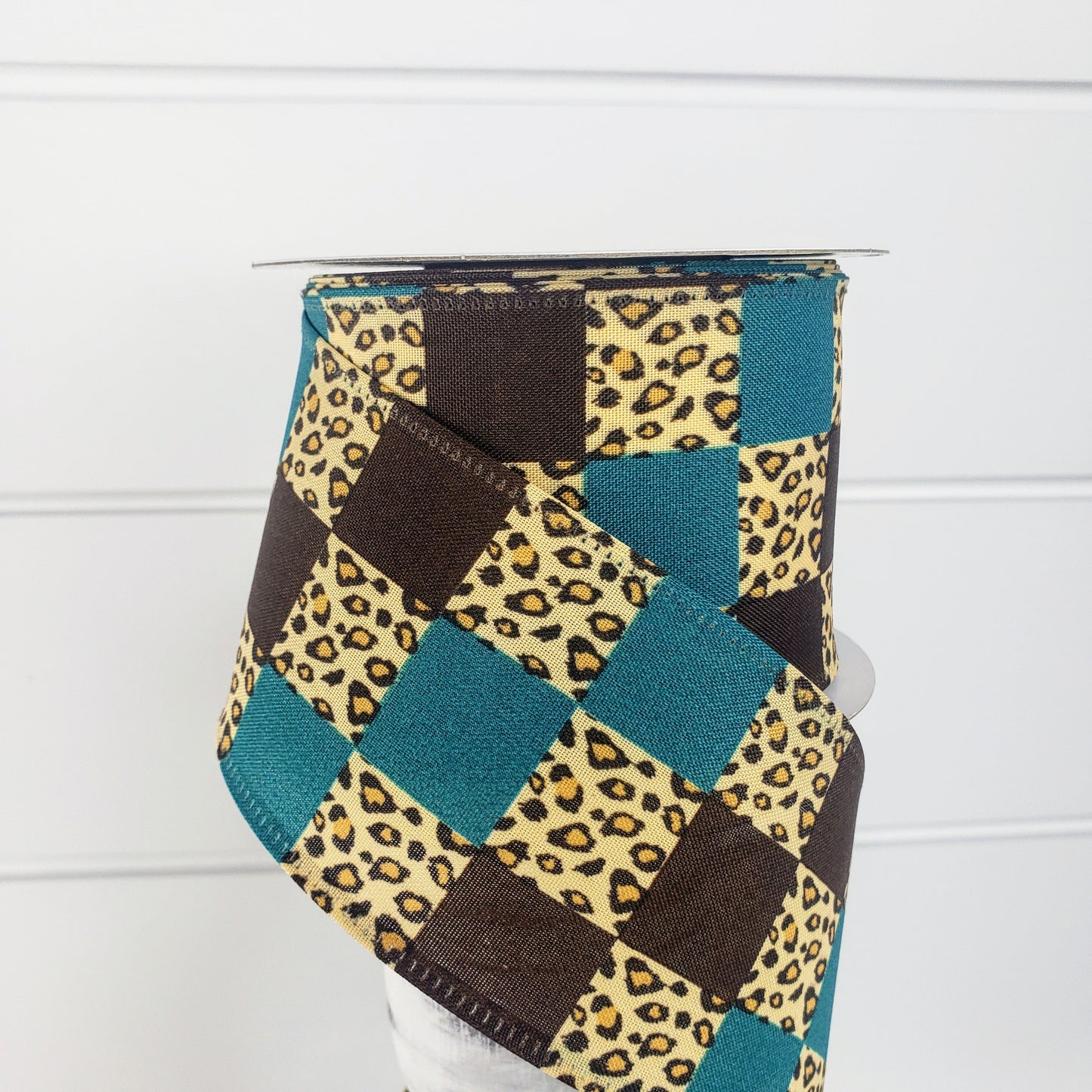 2.5"x10YD Teal Brown Cheetah Check Fall Wired Ribbon - Exotic Elegance for Autumn Crafts and Decor -(65110-40-33) TCT Crafts