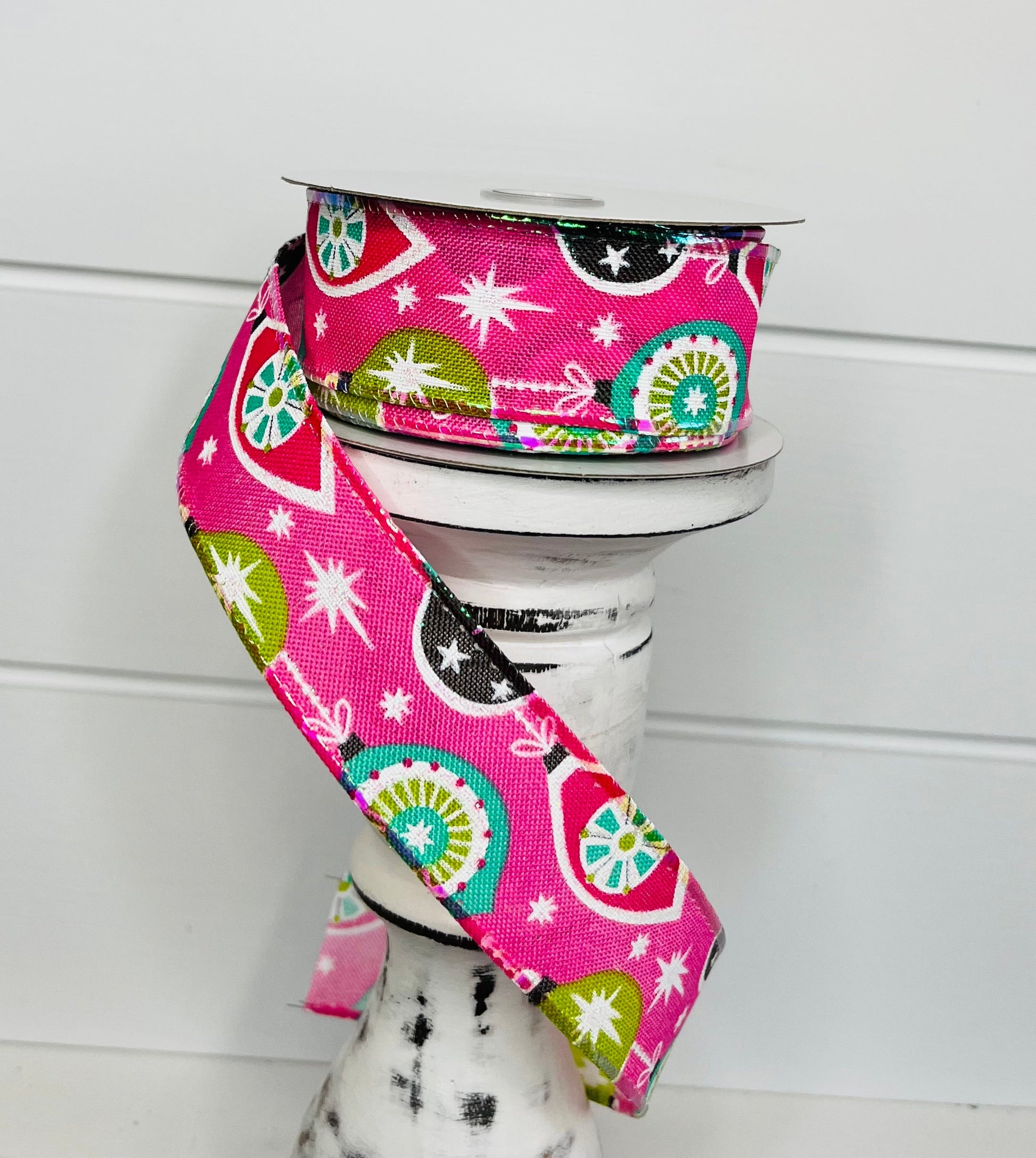 1.5"x10YD Pink Linen/Grey Retro Ornaments Wired Ribbon - Vintage Charm for Crafts and Decor -71012-09-44 TCT Crafts