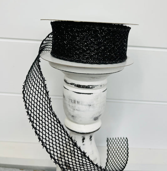 1.5"x10YD Black Glitter Netting Wired Ribbon - Sparkling Glamour for Crafts, Wreathmaking, and Decor-(71113-09-21) TCT Crafts