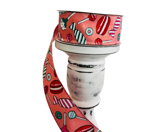 1.5"x10YD Peach Glitter Christmas Sweets Candy Wired Ribbon - Sweet Delight for Festive Crafts and Decor-71107-09-46 TCT Crafts