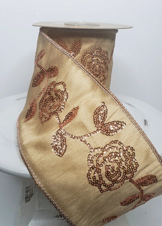 Q174208-Cream and Pink Sequin Flower Designer Ribbon (4"x5YD) - TCTCrafts