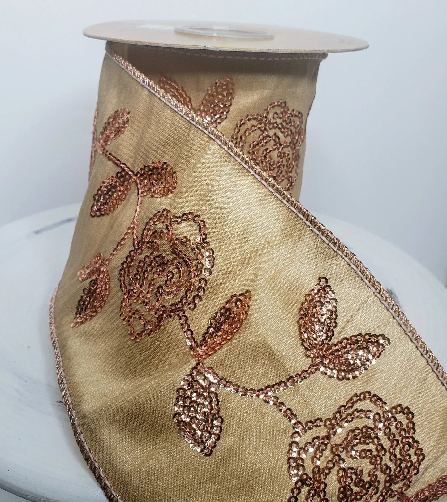 Q174208-Cream and Pink Sequin Flower Designer Ribbon (4"x5YD) - TCTCrafts