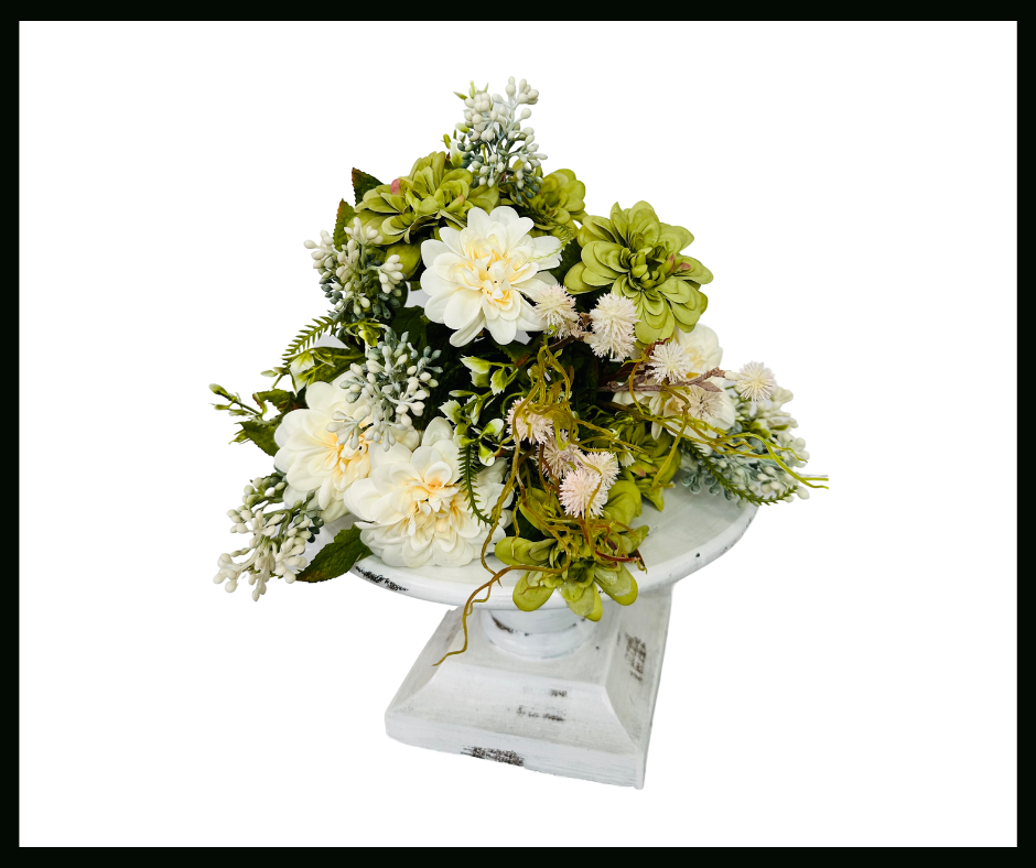 Elegant Blooms: 15.75-Inch Artificial Dahlia/Fern/Berry Bush Bouquet in Cream, Green, and Light Pink-FB189539