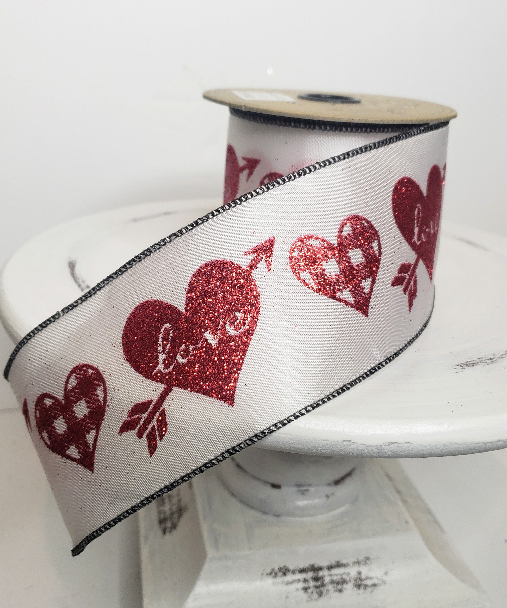 DS88-3375 2.5 inch Satin, Red/White "Love" Hearts Valentine's Day Ribbon - TCTCrafts