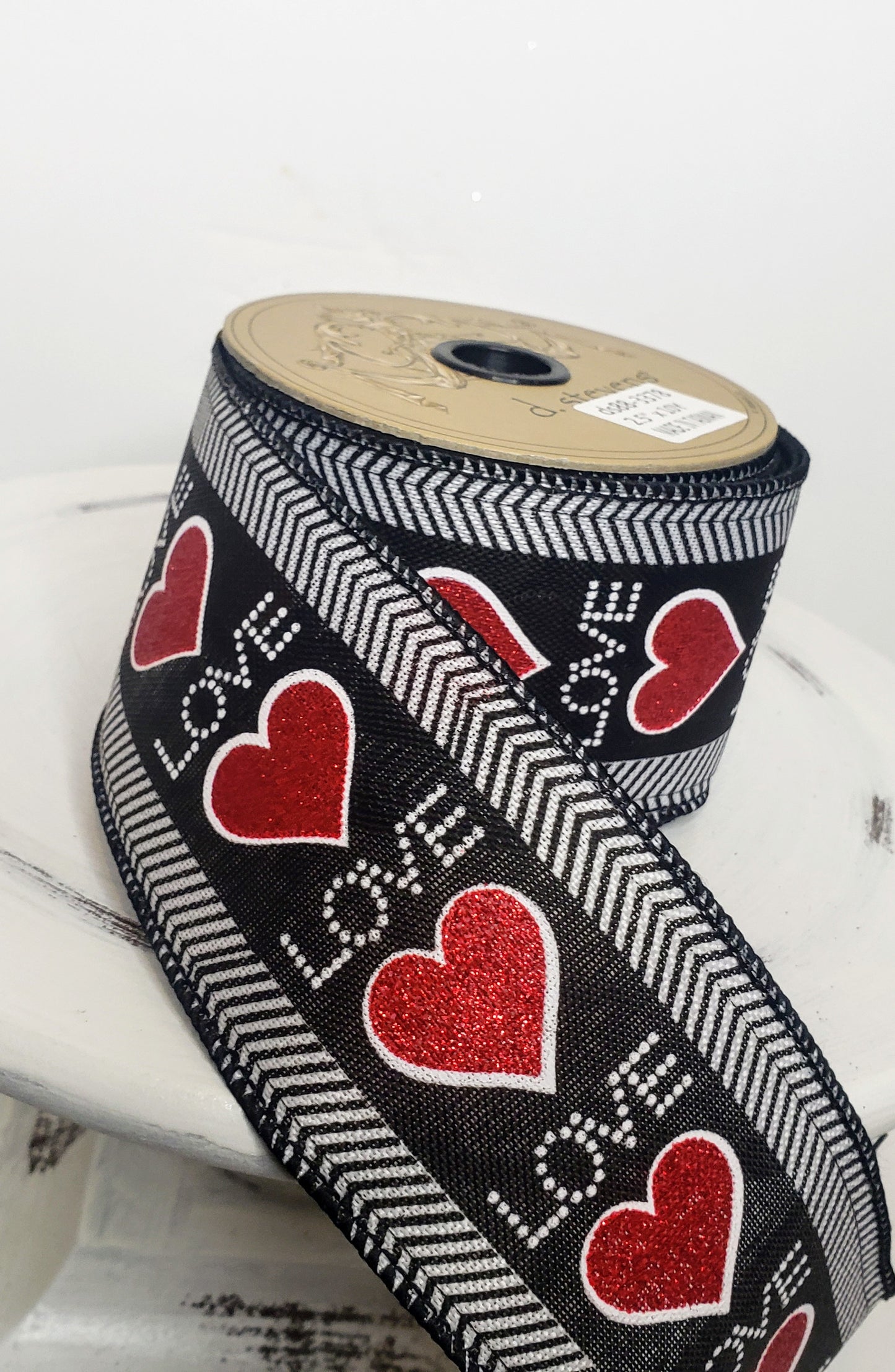 DS88-3378-4 inch Faux Linen Herringbone Red Glitter Hearts Valentine's Day Wired Ribbon - TCTCrafts