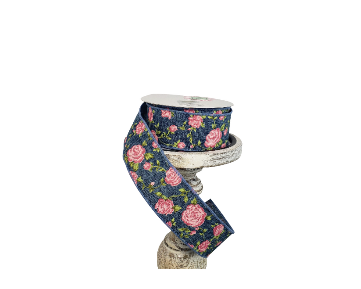 1.5"x10y Denim Linen/Pink Roses Spring Wired Ribbon - Rustic Chic for Delightful Crafts and Decor-Q921609-03 TCT Crafts
