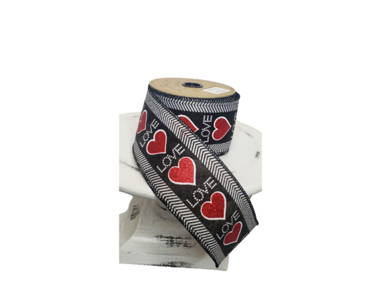 DS88-3378-2.5 inch D Stevens Faux Linen Herringbone Red Glitter Hearts Valentine's Day Wired Ribbon D.Stevens