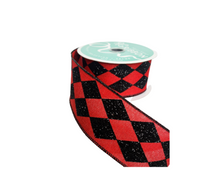 Load image into Gallery viewer, 2 Inch Glitter Harlequin Check Wired Ribbon - Striking Elegance in Red and Black-RGA149924