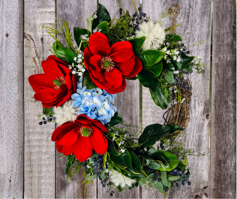 Red Magnolia Patriotic Grapevine Wreath-TCT1501 TCT Crafts