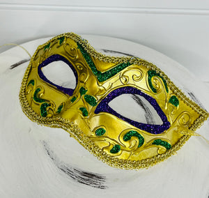 Masquerade Mardi Gras Mask - Gold/Purple/Green, 6.5"Lx3.75"H-HG1041
