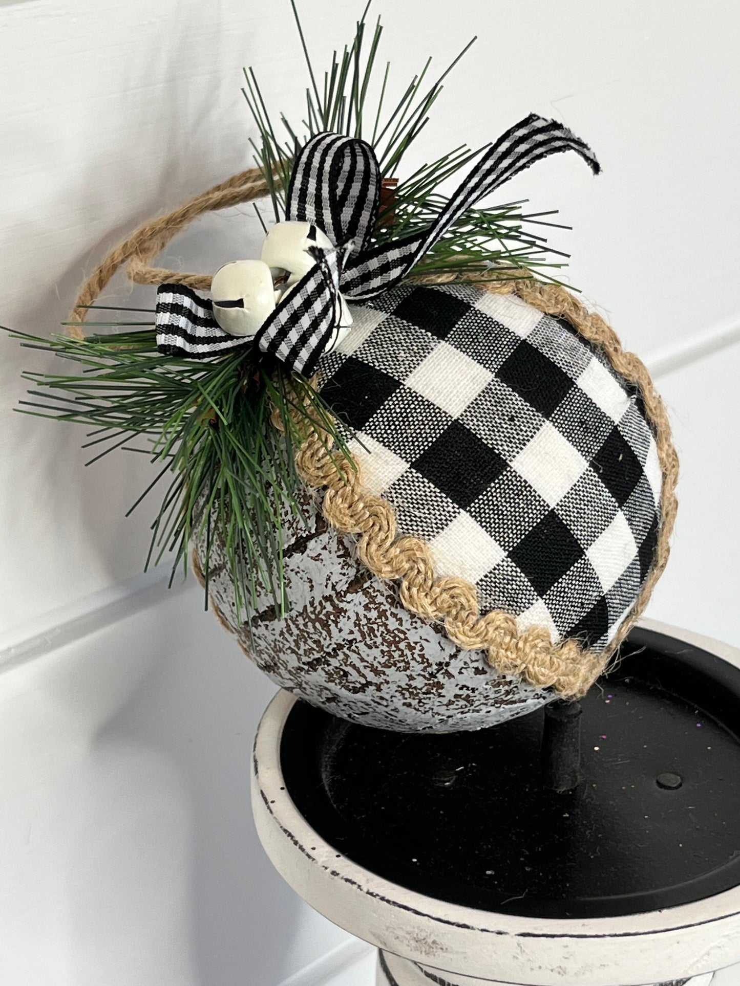 Classic Christmas Elegance: 3-Inch Buffalo Checked Ornament Ball in Black/White/Natural-(127071) TCT Crafts