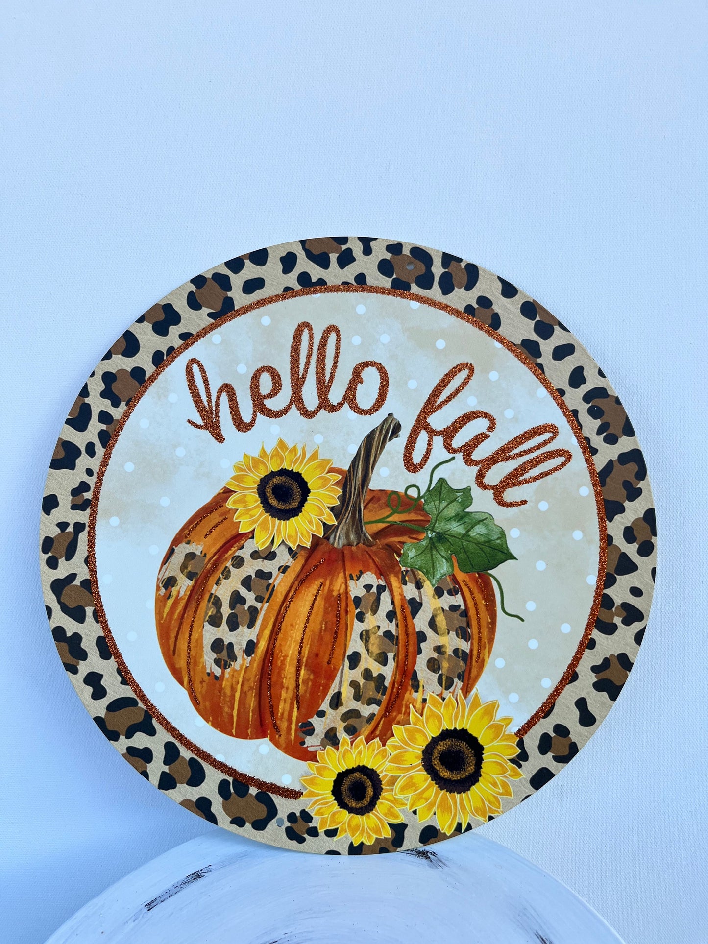 Hello Fall W/Pumpkins and Sunflowers Sign - Tan/Brown/Orange/Copper, 12" Round Metal-MD0804 TCT Crafts
