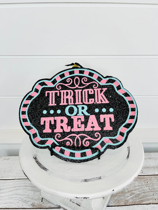Spooky Delight: Pink/Mint/Black Halloween Trick or Treat Foam Sign-56596MIPK TCT Crafts