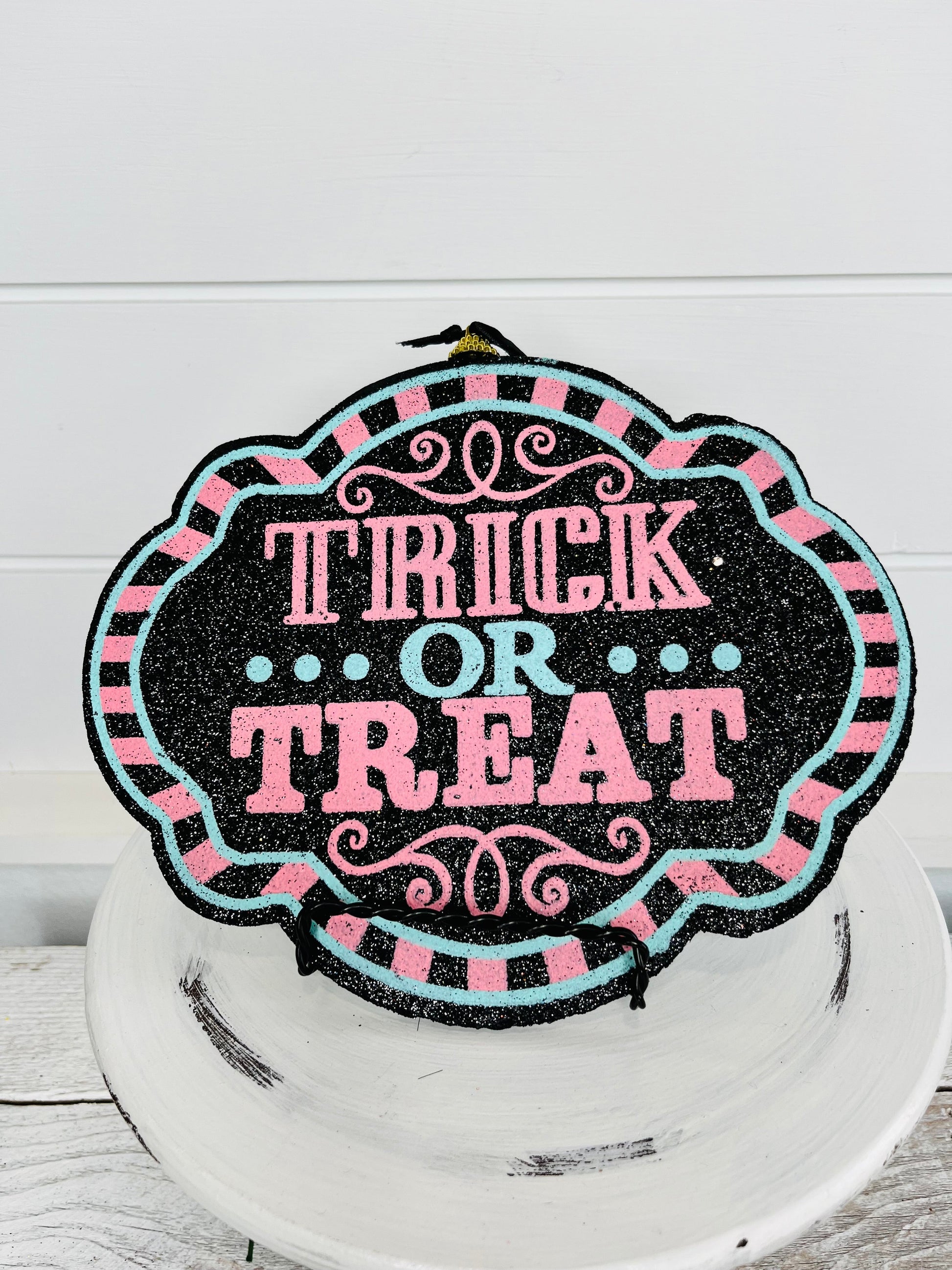 Spooky Delight: Pink/Mint/Black Halloween Trick or Treat Foam Sign-56596MIPK TCT Crafts