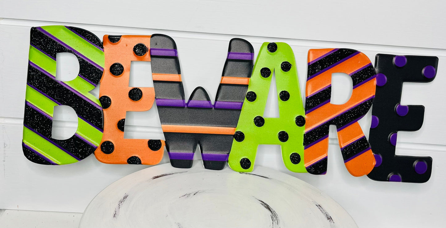 19"Lx6.5"H Metal Embossed 'Beware' Halloween Sign - Spooky Decor in Black, Purple, Orange, and Green-(MD0707) TCT Crafts