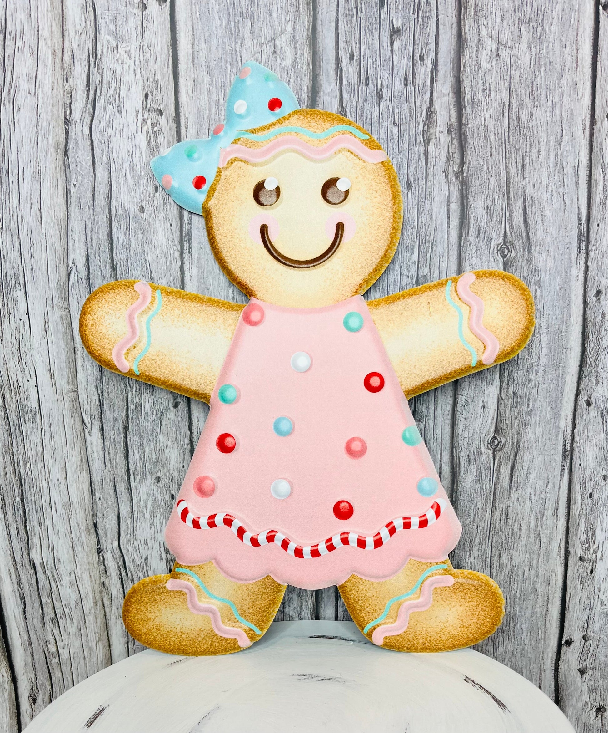 13" Embossed Metal Christmas Sign - Delightful Gingerbread Girl in Pink, Brown, Mint, Red & White-MD0742 TCT Crafts