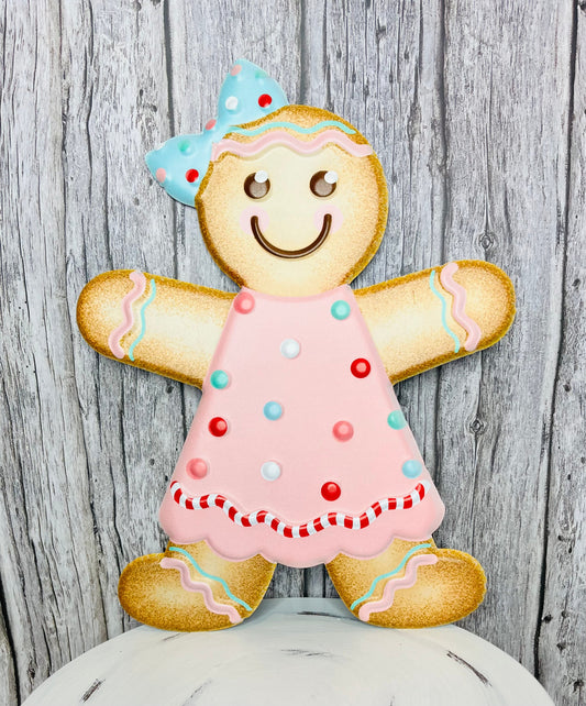 13" Embossed Metal Christmas Sign - Delightful Gingerbread Girl in Pink, Brown, Mint, Red & White-MD0742 TCT Crafts