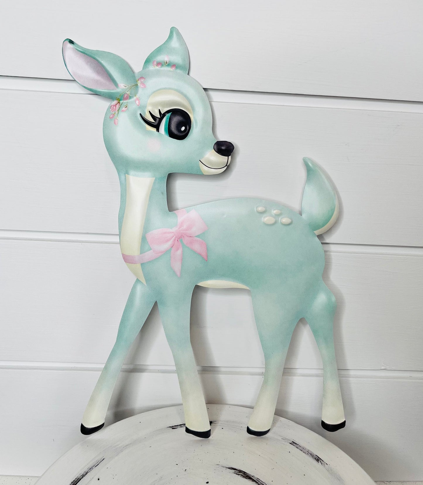 Enchanting 9.5"Lx13"H Embossed Metal Christmas Bambi Deer Sign in Mint Green-MD079650