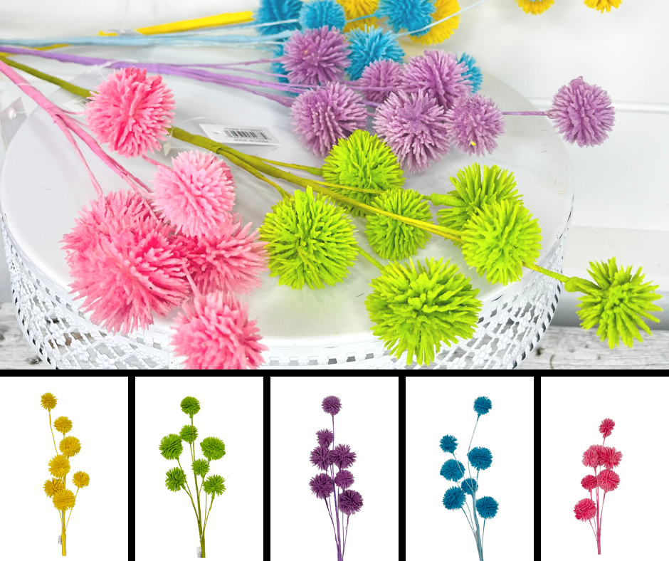 19H" Flocked Pom Pom Sprays - Playful Artificial Decor in Your Choice of Colors TCT Crafts