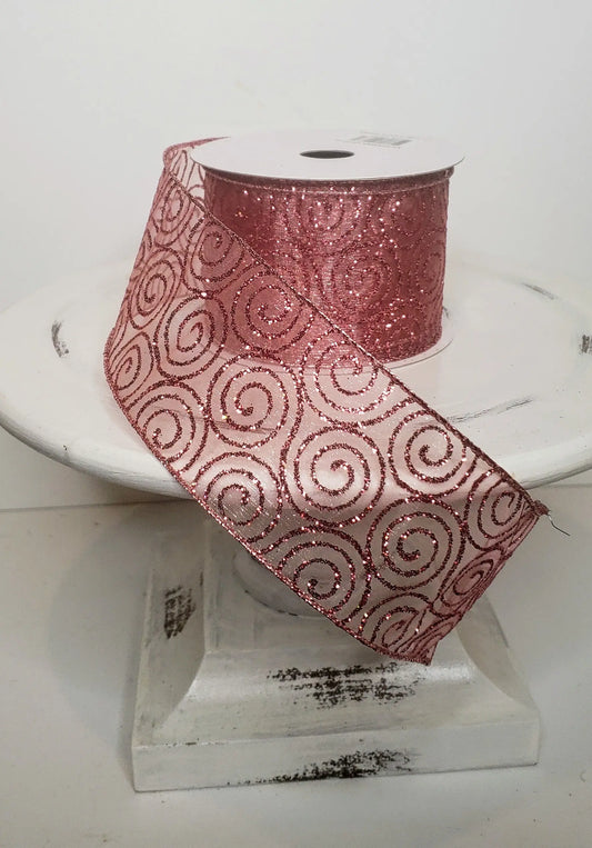 Q170096-Pink Glitter Swirl sheer wired ribbon - TCTCrafts