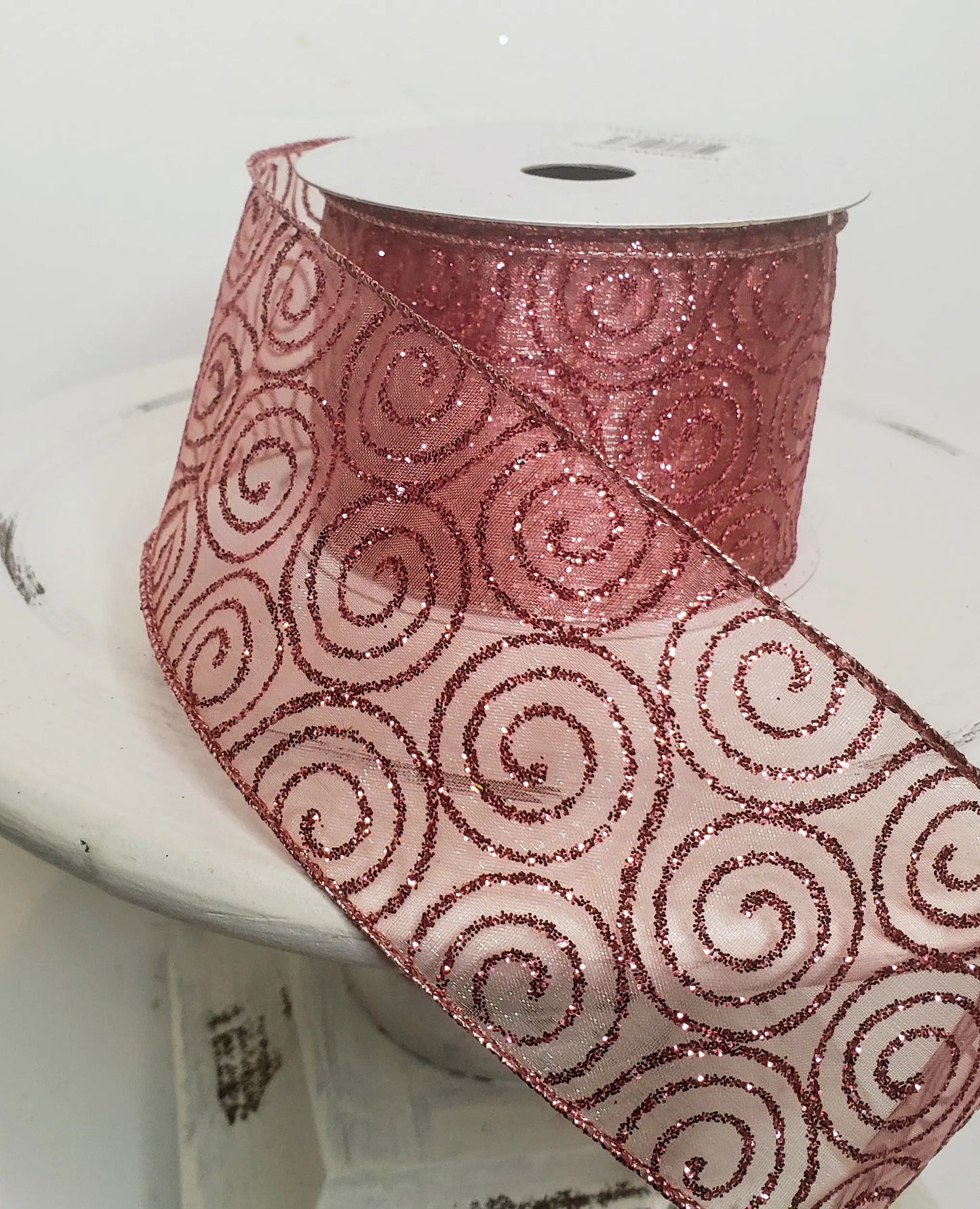 Q170096-Pink Glitter Swirl sheer wired ribbon - TCTCrafts