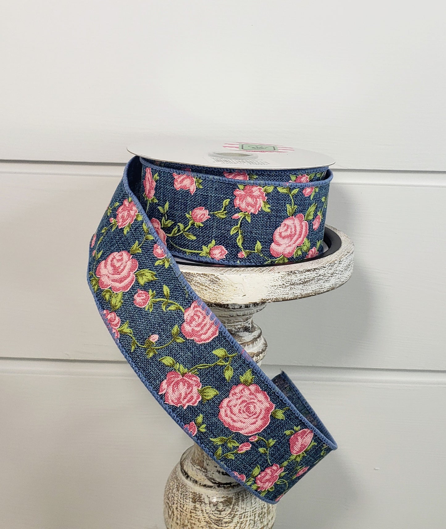 Q921609-03 1.5"x10y Denim Linen/Pink Roses Spring Wired Ribbon - TCTCrafts