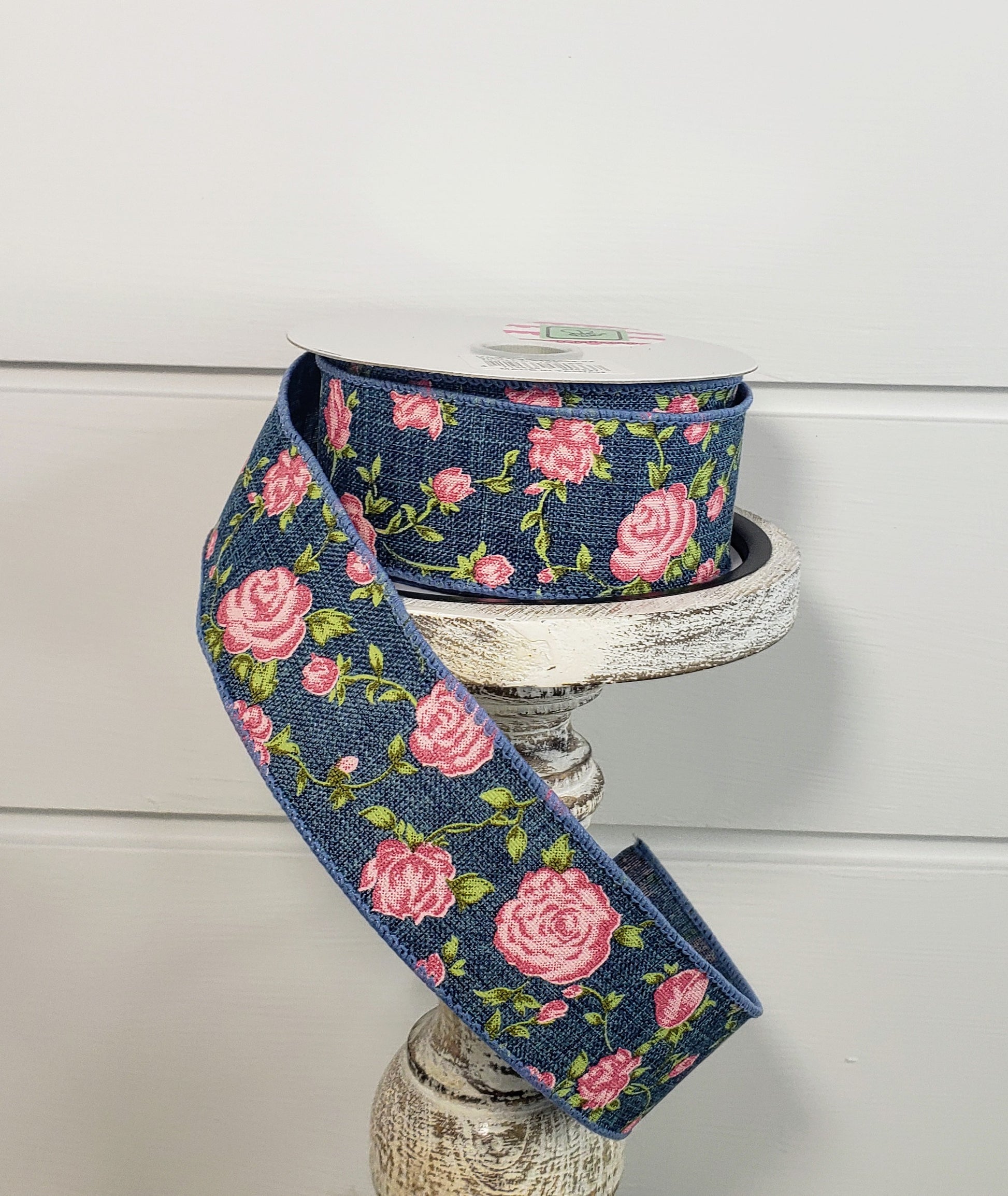 Q921609-03 1.5"x10y Denim Linen/Pink Roses Spring Wired Ribbon - TCTCrafts