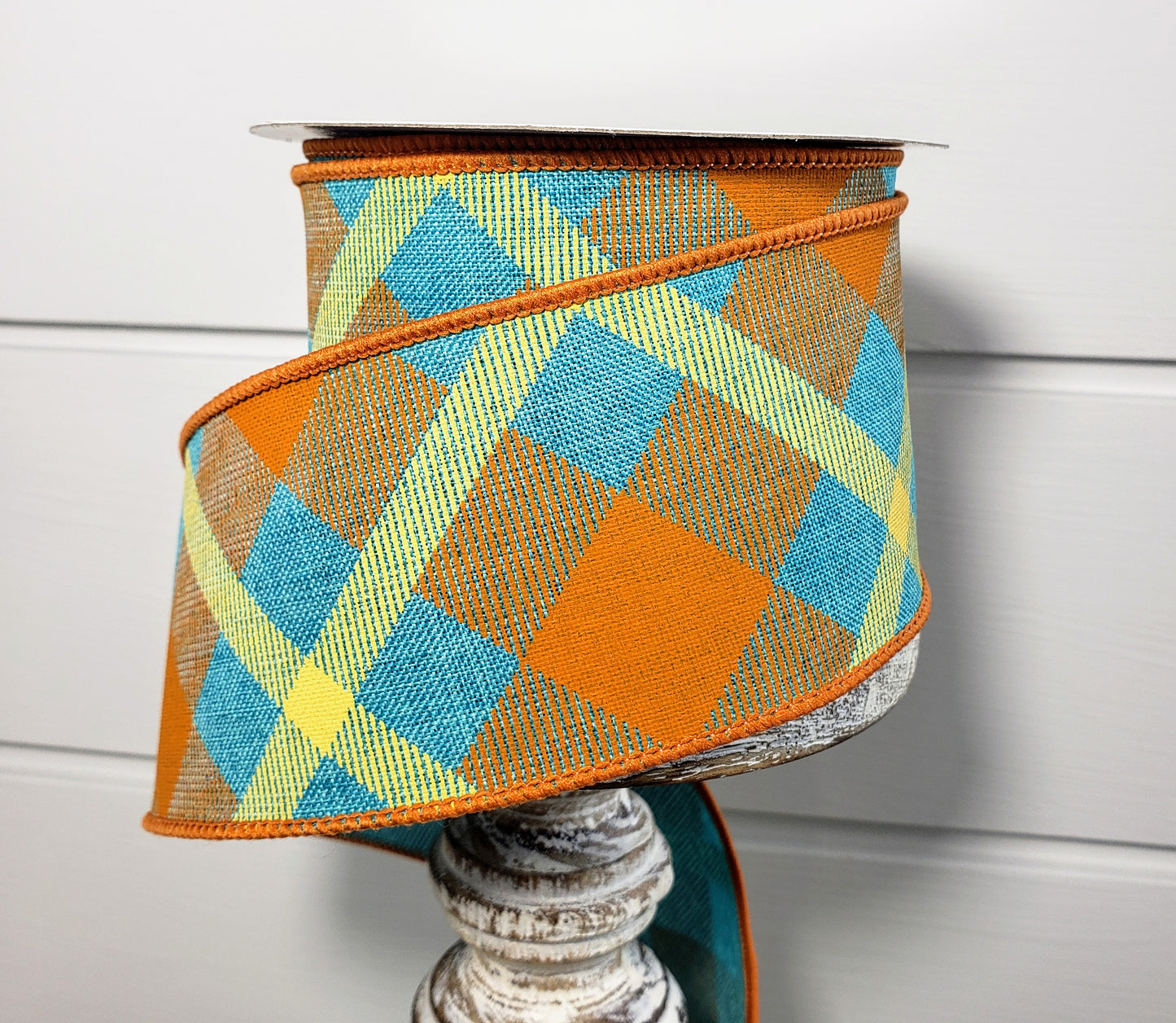 RG01683F3-2.5"x10yd Printed Plaid on Royal Wired Ribbon-Teal/Orange/Mustard - TCTCrafts