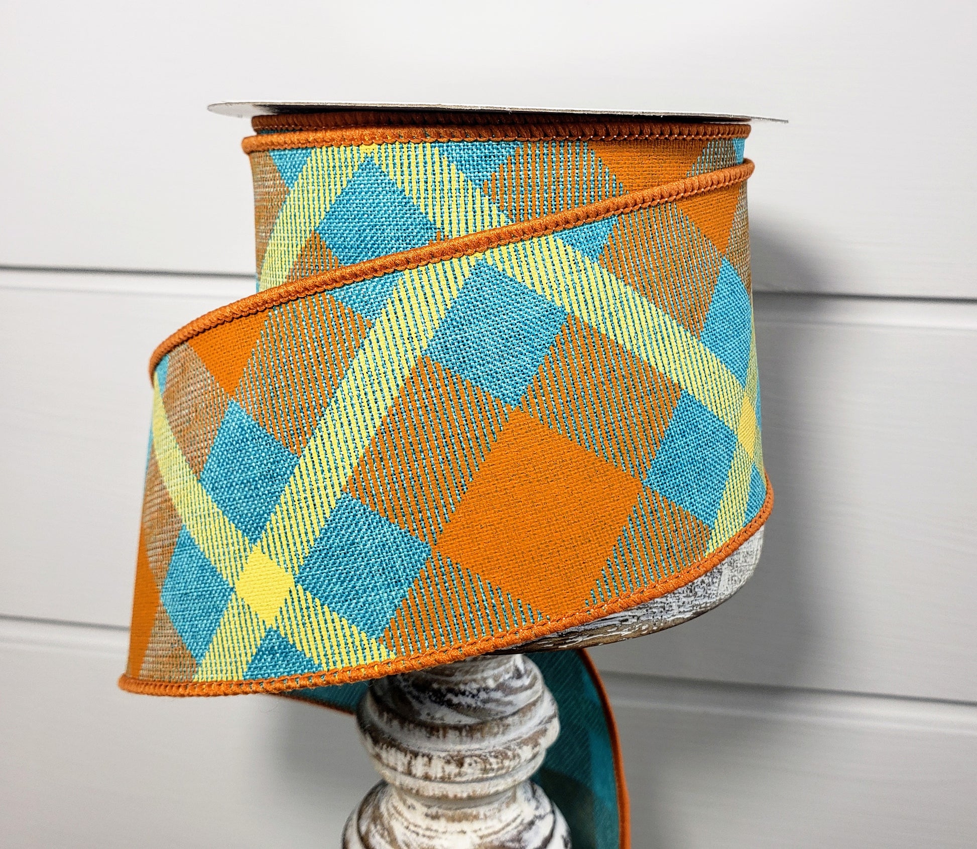 RG01683F3-2.5"x10yd Printed Plaid on Royal Wired Ribbon-Teal/Orange/Mustard - TCTCrafts